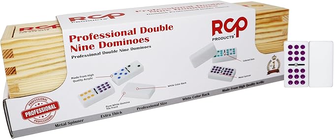 Dominos Set for Adults – Professional Double 9 Dominoes Set of 55 Tiles for Adults, Metal Spinner, Classic and Travel Board Game with Wood Case Juegos de Mesa (White)