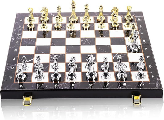 Metal Chess Set for Adults and Kids, 15''Large Marbling Chess Board with Storage –2 Extra Queens and 32 zinc Alloy Metal Pieces with a Sense of Weight,Folding Portable Travel Unique Chess Sets Game