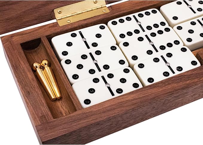 Alex Cramer Le Club Luxury Domino Set with Handcrafted Walnut Case and Cribbage/Counter Top - Tournament Quality 28 Indestructible (Domino Spinner Set with Brass Plate)