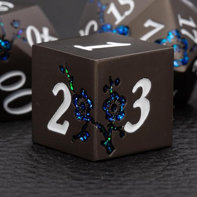 Metallic Glitter Flowe Dice Set,7pcs DND Polyhedral Dice Set with Gift Box,Metal Polyhedral RPG Dice for Table Game(Pearl Gun-Blue)