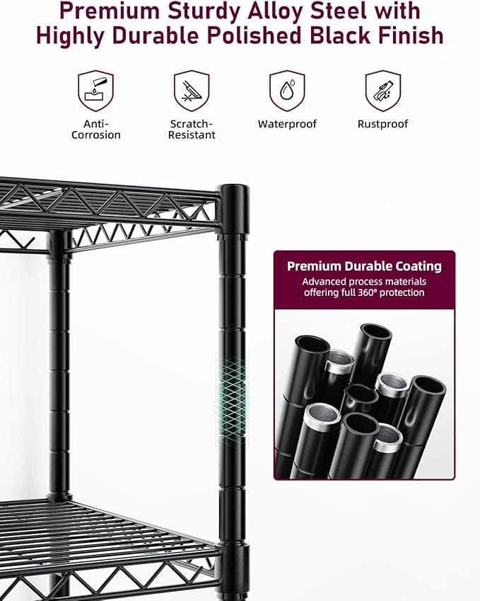 YSSOA Heavy Duty 5-Shelf Storage Shelving Unit, 1250lbs Loading Capacity, 29.92" D x 13.98" W x 62.99" H Adjustable Steel Organizer Wire Rack, Black