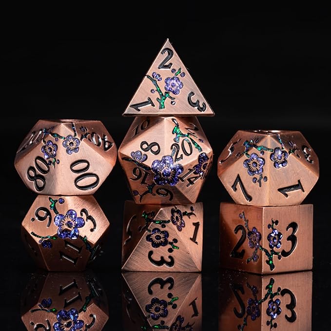 Metal DND Dice Set, Dungeons and Dragons Metallic Flower Dice with Gift Case, Polyhedral Dice Sets for Tabletop Games (Antique Red Copper - Purple)