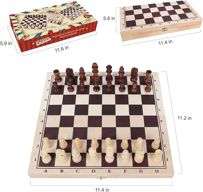 GOTHINK Wooden Chess, Checker, and Backgammon 3 in 1 Board Game Set,Classic Traditional Travel Night Toy and Game Gift Set for Kids Adults Senior Family