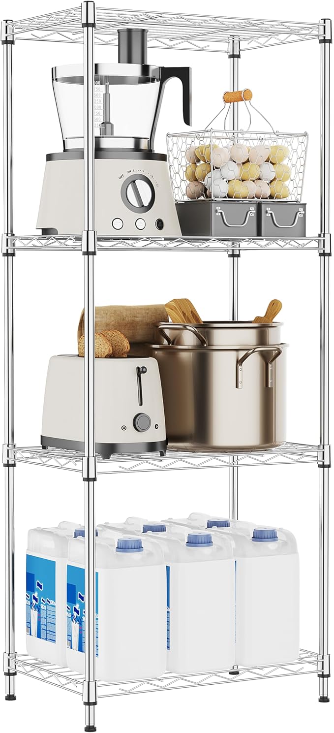 4 Tiers Shelf Metal Storage Shelves Wire Rack Closet Organizers with Wheel for Garage Kitchen Bathroom Laundry Chrome 11.8" D x 17.7" W x 41.9" H