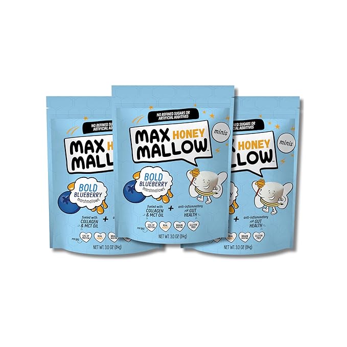 Max Mallow Bold Blueberry Mini HONEY Marshmallows – Gut Friendly, Gluten Free, No Refined Sugars, Real Wildflower Honey, Collagen-Infused Snack (3 Pack, Bold Blueberry)