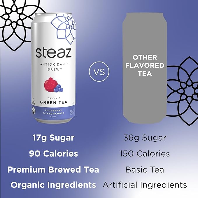 Steaz - Organic Green Tea - Blueberry Pomegranate (12 Pack) - Antioxidant Brew - 65mg Natural Caffeine, 90 Calories, Vitamin C - Cane Sugar Sweetened Iced Tea - Vegan - 12 Cans, 16 fl oz (473mL)