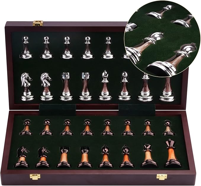 15" Metal Chess Sets for Adults with Zinc Alloy + Acrylic Chess Pieces & Portable Folding Wooden Chess Board Travel Chess Set Board Game Gift – Elegant Metal Chessmen & Storage Box