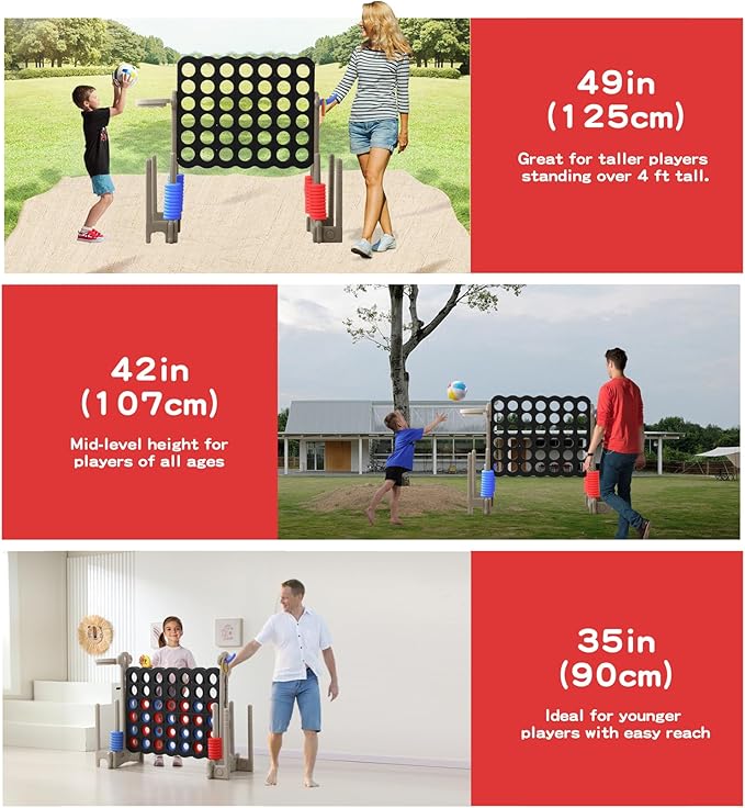UNICOO® Jumbo 4 in a Row Game | Adjustable Height (2.5-3.5 FT) 4-to-Score Giant Yard Game Set for Kids & Adults w/Build-in Mini Games, Golf Clubs | Indoor/ Outdoor Games for Party & Family Fun