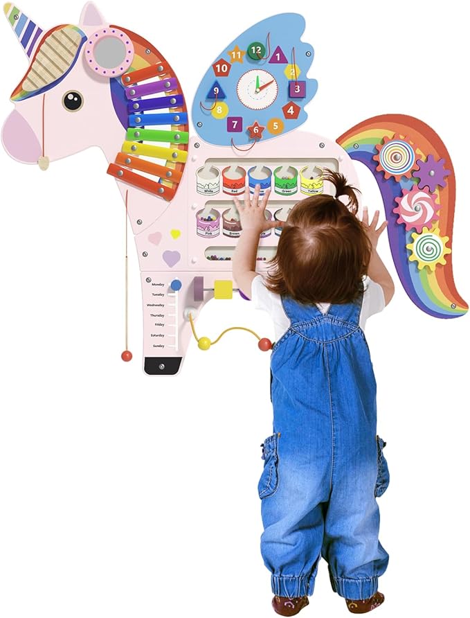 Unicorn Sensory Wall Panel for Kids - Activity Wall Busy Board Panels, Montessori Toddler Wall Activity Board, Wall Toys for Toddlers 3, Activity Cube, Perfect for Toddler Playroom, Pink