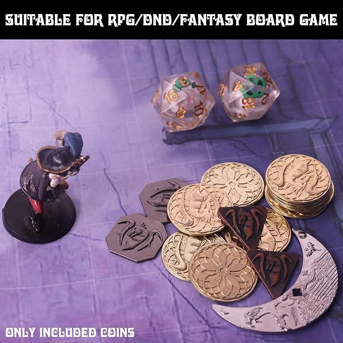 Byhoo 145 PCS Metal DND Coins & Leather Bag, Contains 60 Gold Coins, 40 Sliver Coins, 40 Copper Coins and 5 Platinum Coins, Tokens with Glow in The Night Eyes Bag for RPG Tablelap Games
