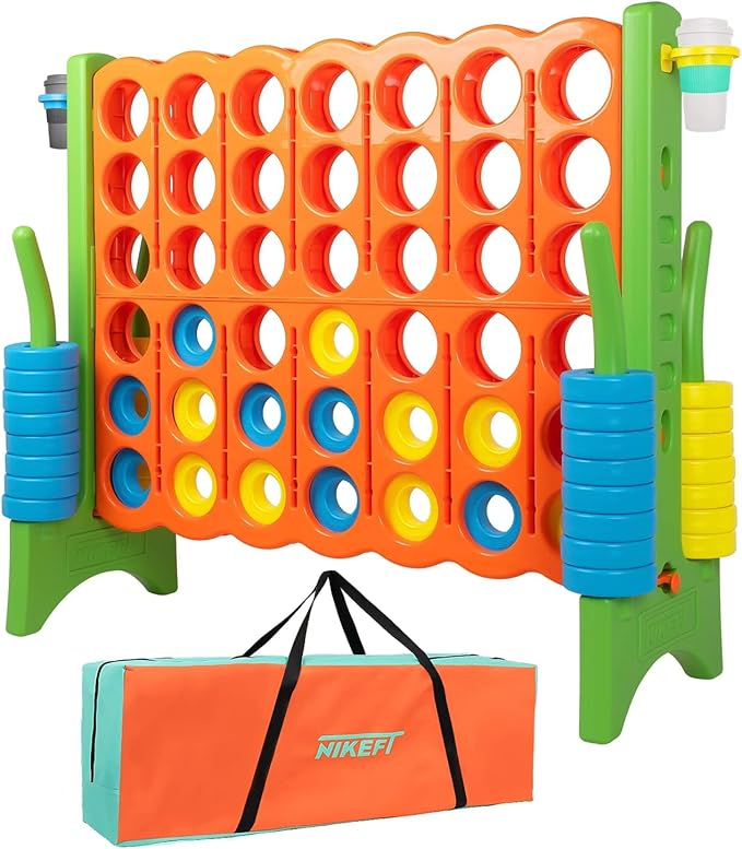Oversized 4 in a Row Connect Game+Waterproof Carry Bag,Included-4 ft X 3.5 ft Tall,4-to-Score Jumbo with 44 Pieces Rings&Drink Holder,48” Super Size-Indoor&Outdoor Giant 4 Game for Kids&Adults