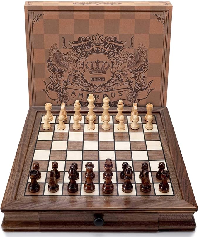 AMEROUS Magnetic Wooden Chess Set, 12.8" x 12.8" Walnut Chess Board Game with 2 Built-in Storage Drawers - 2 Bonus Extra Queens - Chess for Beginner, Kids and Adults, Gift Packaging