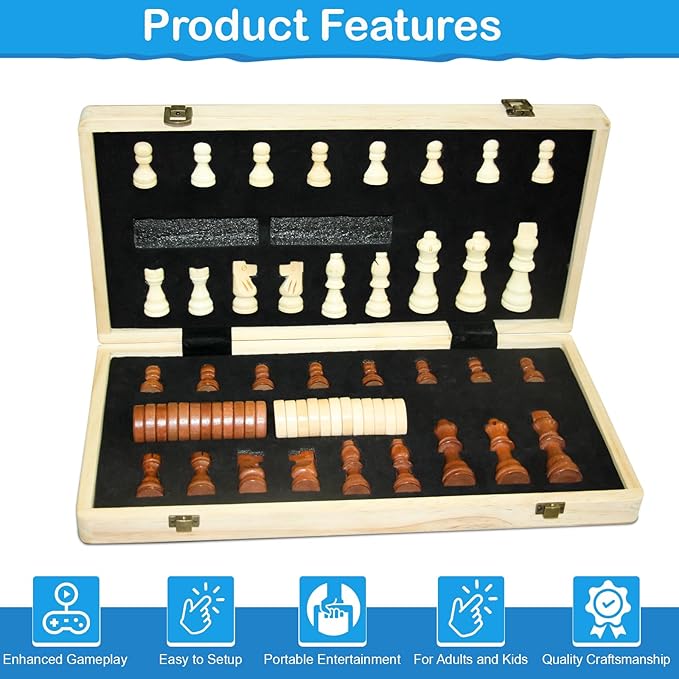 (Upgraded Magnet) 15" Magnetic Chess & Checkers Set, 2 in 1 Board Game, Wooden Handcrafted Folding Chess Board Portable Chess Set with Storage Slots & 2 Extra Queens,Great Gift for Adults & Kids