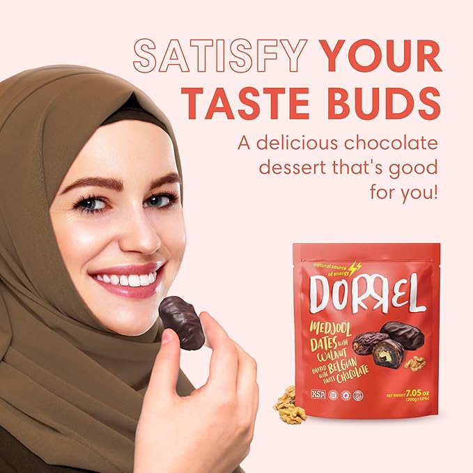 DORREL - Belgian Dark Chocolate Covered Dates (Medjool) with Walnuts Stuffing, High Energy Vegan Choco Snack, Delicious, Kosher & Non-GMO, Pack of 1 Stuffed Chocolate Dates, 7.05 oz / 200 g Ea