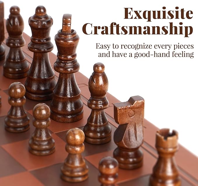 Magnetic Chess Set 15.5 Inch Chess Boards for Adults & Kids, Leather & Wooden Folding Board with Handmade Wood Pieces, Travel Chess Sets Game with Portable Handle for Beginners Professionals