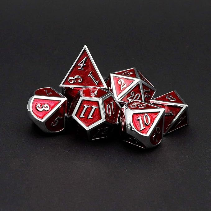 Haxtec Metal Dice Set D&D Red Silver DND Dice Set for Dungeons and Dragons RPG Games Leather Dice Bag DND Gifts-Glossy Enamel Dice (Silver Red)