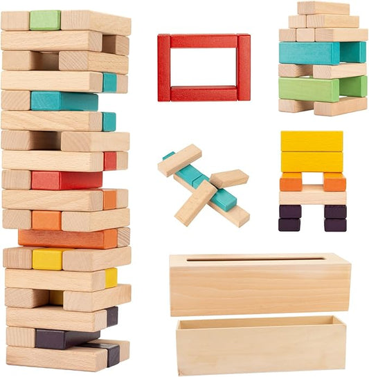 Tumble Tower Game – 54 pcs Wooden Blocks Stacking Game for Kids and Adults, Classic Family Board Game for Indoors Outdoors, Classic Size Timber Stacking Game Night Toy, Perfect for Party, Family Fun