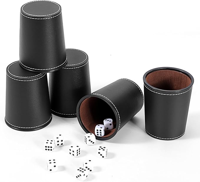 10x Dice Cup Set, PU Leather Dice Shaker Cups with 50 Dices for Bar Party Yahtzee Farkle Dice Games, Coffee (10, Black)