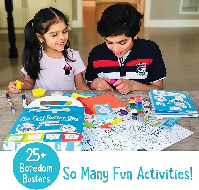 Open The Joy Feel Better Bag: Kids' Get Well Soon Gift Basket with 25+ Fun Activities - Playing Cards, Origami, Games, Clay Art, Magic Tricks - Ideal Gift for Kids Recovering from Surgery - Ages 4+