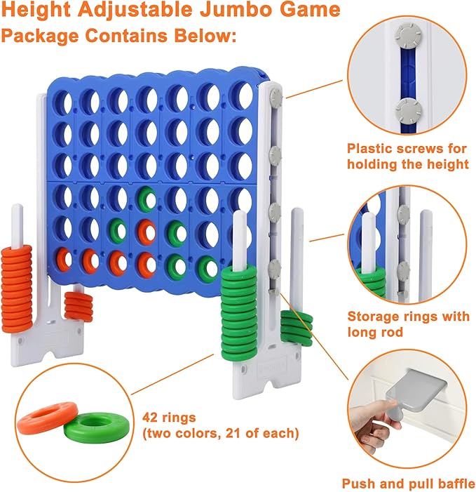 Giant 4 Connect in a Row Game, Height Adjustable Jumbo Yard Games for Kids and Adults Outdoor Play, Backyard Large Four Connect Floor Games, Patent Authorized (Blue/White)