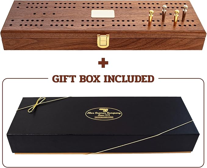 Alex Cramer Le Club Luxury Domino Set with Handcrafted Walnut Case and Cribbage/Counter Top - Tournament Quality 28 Indestructible (Domino Spinner Set with Brass Plate)