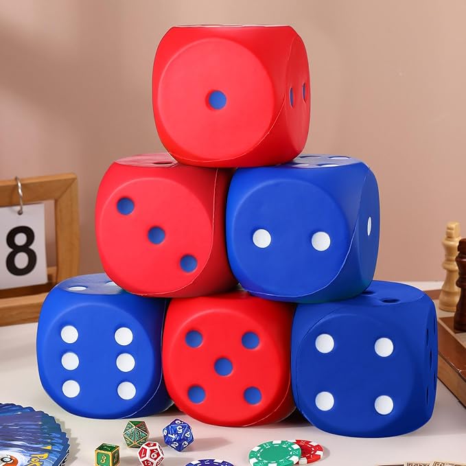 6 Pcs 4" Large Foam Dice Giant Cube with 6 Sided Number Dots Jumbo Soft Slow Big PU Foam Stress Ball for Party Game Math Learning Props Stress Relief Gifts(Red, Blue)