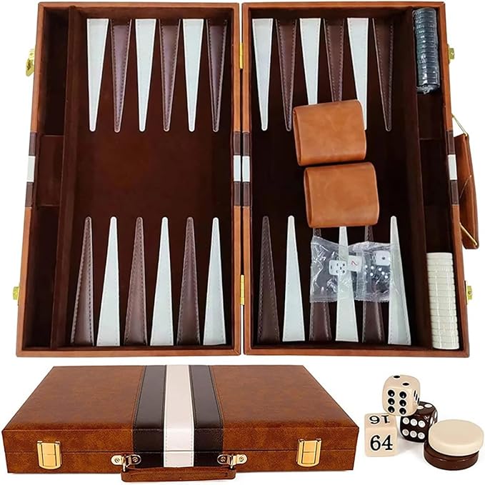 15inch Backgammon Set Classic Folding Board with Leather Case, Portable Travel Game, Ideal Gift Package for Strategy Lovers