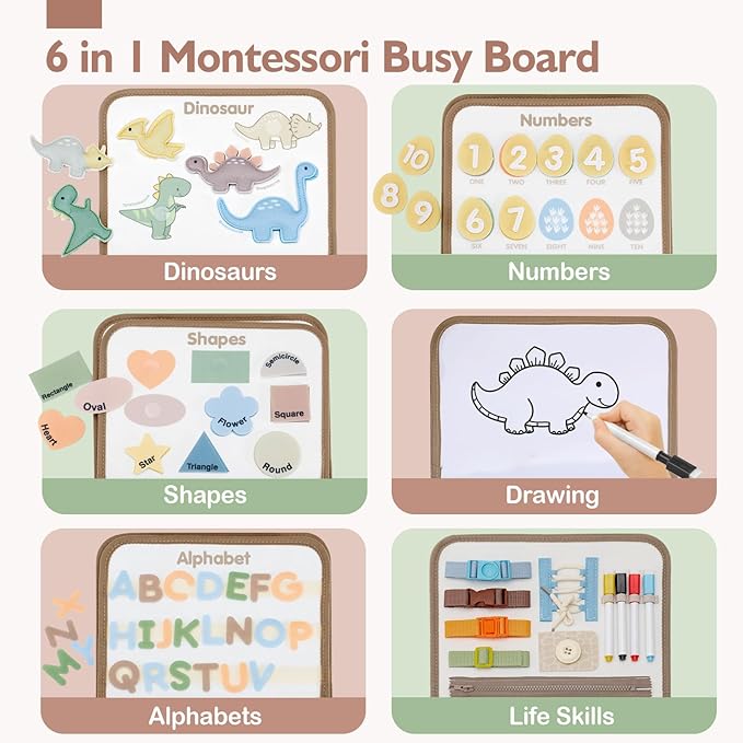 hahaland Montessori Busy Board for Toddlers 2-4 - 2 Year Old Boy Toys Birthday Gift - Travel Toys - Dinosaur, Alphabet, Number, Shape, Drawing, Life Skills