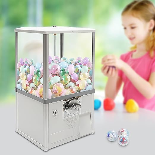 Gumball Vending Machine, Big Bubble Candy Dispenser Machine Candy Gumball Machine Bank, 2 25 Cent Coins Per Side,1.77in Capsule Toys, Gum Ball Vending Machines for 25 Cent Coin Only (White)