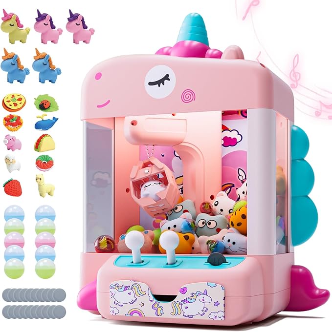 Skirfy Unicorns Claw Machine, Mini Vending Machine with Lights & Music, Adjustable Sound, Candy and Electronic Prize Dispenser, Includes 45 Toys, Candy and Birthday Gift for Kids Girls