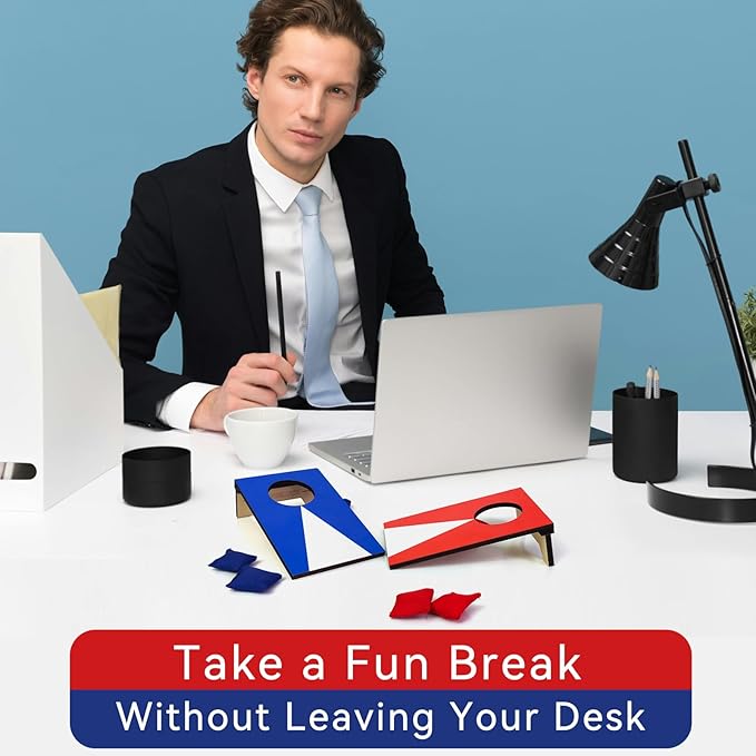 2PCS Mini Tabletop Cornhole Boards, 4.7" W x 7.7" L Wooden Desktop Toss Game with 8 Bean Bags, Portable Game Set for Travel Home