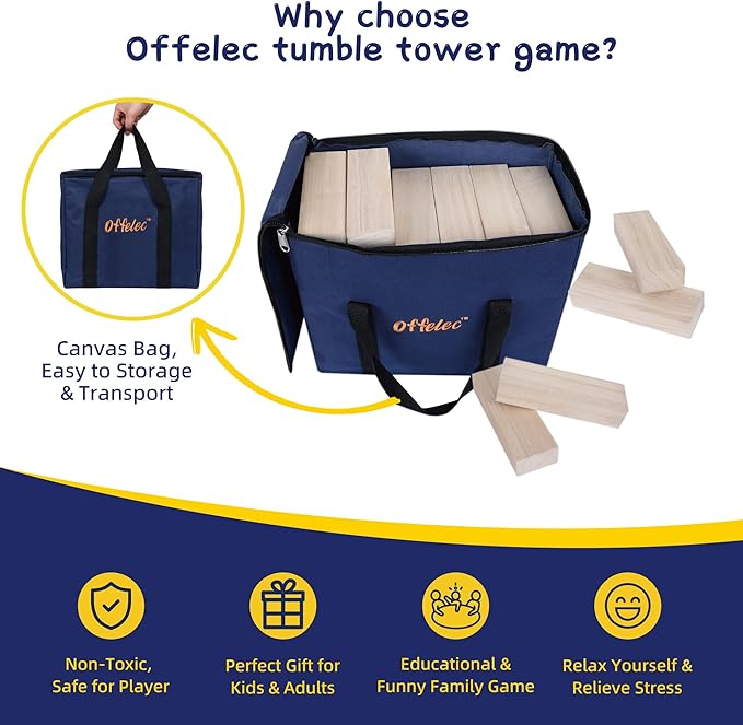 Large Tumble Tower Game, Giant 54 Wooden Blocks Lawn Yard Games with Carry Bag Outdoor Timber Stacking Game for Halloween Christmas Festival Toy Gift for Kids Adults Family (Over 4 Ft)