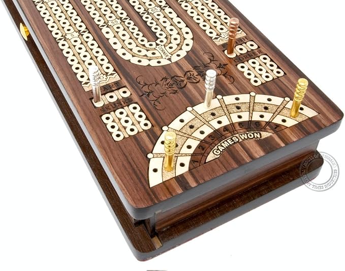 Continuous Cribbage Board/Box Inlaid in Rosewood/Maple - 3 Track - Sliding Lid with Score Marking Fields for Skunks, Corners and Won Games