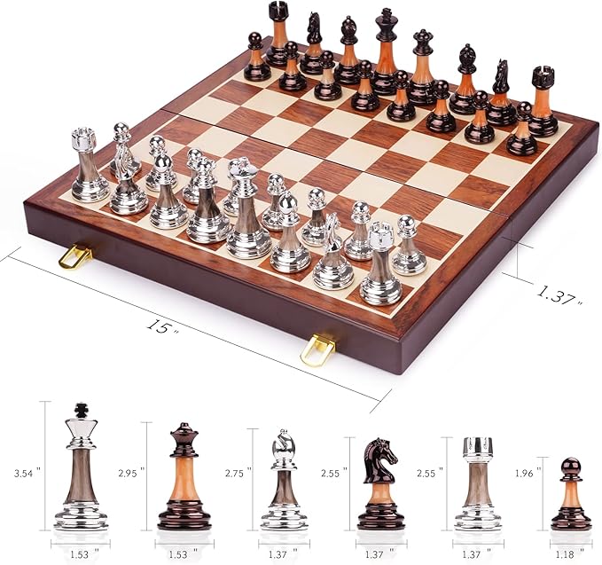 15" Metal Chess Sets for Adults with Zinc Alloy + Acrylic Chess Pieces & Portable Folding Wooden Chess Board Travel Chess Set Board Game Gift – Elegant Metal Chessmen & Storage Box