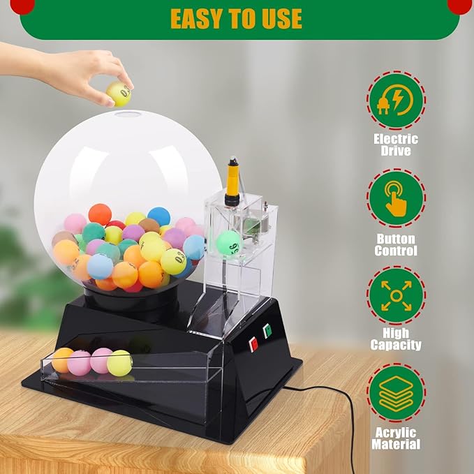 Lottery Bingo Ball Machine, 110v Automatic Electric Acrylic Bingos Cage and Balls Set with Calling Balls, Colorful Chips Bingo Game Sets for Adults Large Group Family