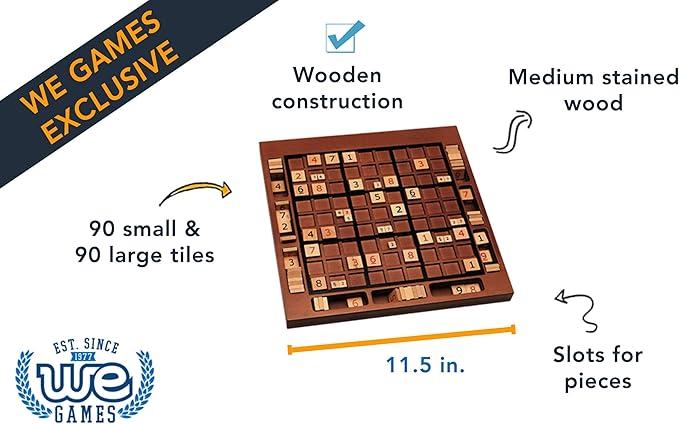WE Games Wooden Sudoku Board with Storage Slots in Medium Stain - 11.5 in.