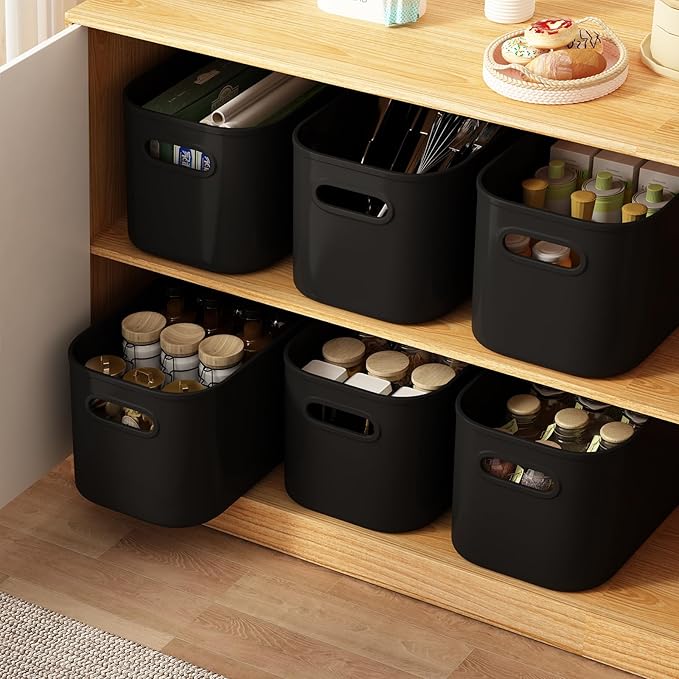 6 Pack Black Storage Bins with Lids Stackable Storage Container for Organizing, Black Storage Boxes with Handle for Shelves, Cute Organizer Bins for Craft, Snacks, 9.85x6.9x5.7 inch