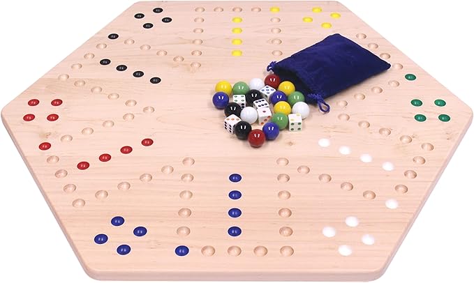 AmishToyBox.com Wahoo Wooden Marble Game Board Set - Large 24" Wide - Solid Maple Wood - Double-Sided - with Large 22mm Marbles and Dice Included