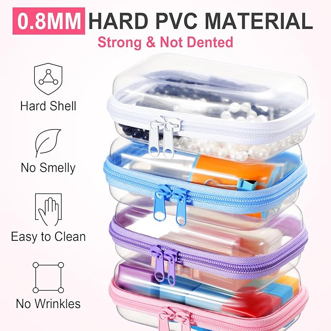 Hoolerry 4 Pcs Hard Clear Zipper Case Transparent Cases for Snacks Makeup Bag Plastic Storage Box Containers for Building Blocks, Puzzles, Cosmetics(Multicolor,5 x 3 x 2 in)