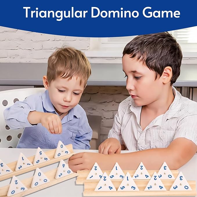 Triangle Domino Game Set with 8 Wooden Holders & 56 Triangular Domino Tiles & Brass Spinner Travel Essentials Classic Family Strategy Board Game for Kids and Adults