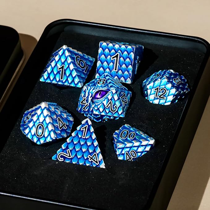 Metal Dice Set D&D,7 PCS Dragon Scale Metallic DND Dice Set,Dragon Eye Metal Dice with Grogeous Gift Case for Dungeons and Dragon Tabletop Game (Blue Dragon Scale & Purple Eye)