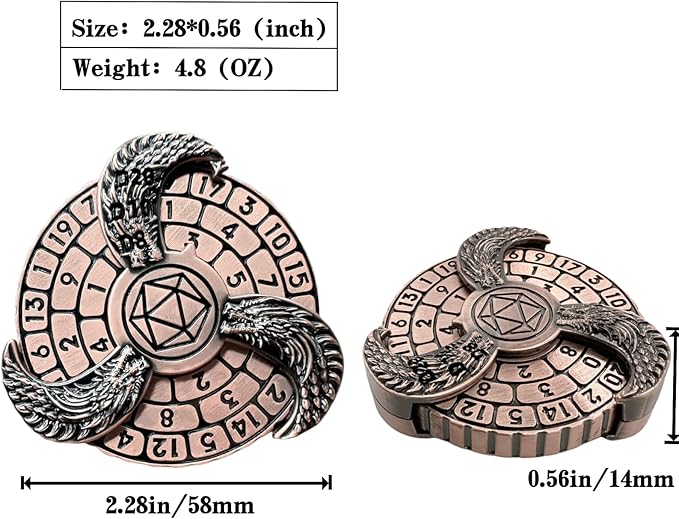 D&D Themed Fidget Spinner, dice Spinner, D4,D6, D8, D10, D12,D20,D% 7-in-1 Metal dice, Perfect for D&D Dungeons and Dragons, RPG and Pathfinder Role Playing Games （Ancient Red Copper ）