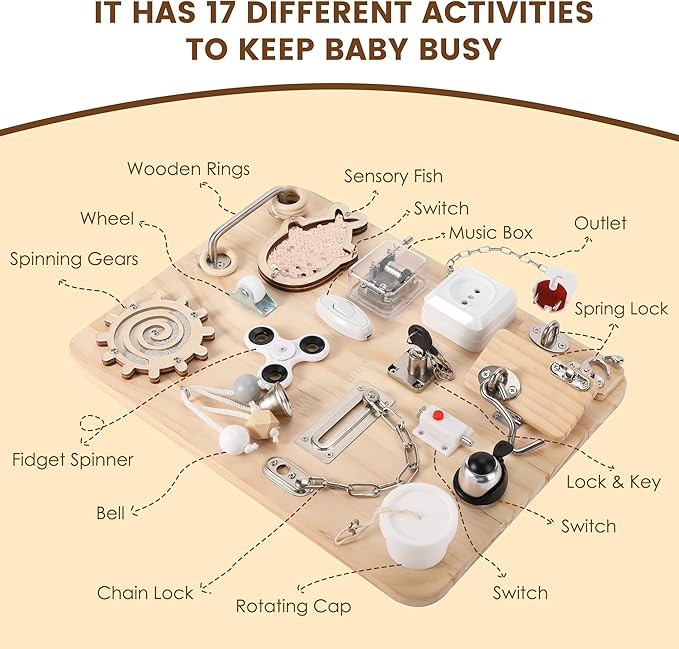 Wooden Montessori Busy Board for 1 2 3 4 Year Old, Montessori Sensory Activity Board Toys for Kids Toddler Baby Boys Girls, for Autism & ADHD Motor Skills