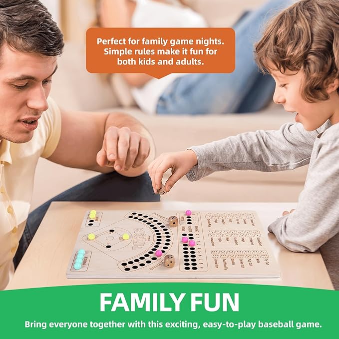 Baseball Board Game, Wooden Baseball Dice Game with Marbles, Baseball Travel Game and Indoor Table Game for Camping Family Gatherings, Baseball Gift for Teens Adults (Natural Style)