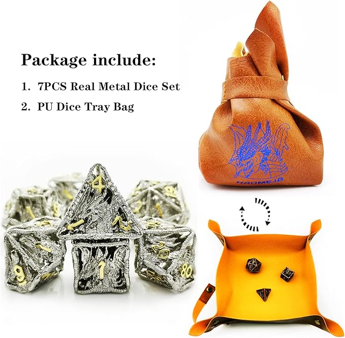 HAOMEJA Hollow Dragon Dice DND Metal Dice Set 7 Role Playing Dice D&D Dungeons and Dragons Dice (Silver)
