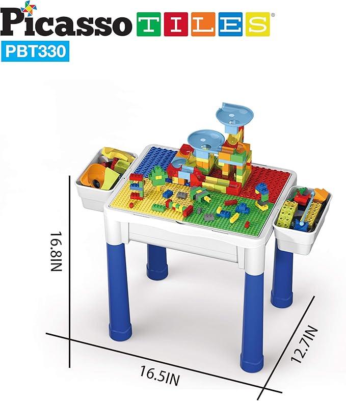 PicassoTiles Kids Activity Center Play Table & Study Desk Set Sandbox Water Tight Container Storage All-in-1 STEM Toy Kit Playset with 331pc Dual Size Building Bricks Construction Blocks Marble Run