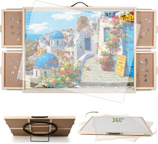 2000 Pieces 2-in-1 Tilting & Rotating Puzzle Board, 40.16"x28.5"Portable Puzzle Table with 4 Drawers & Cover
