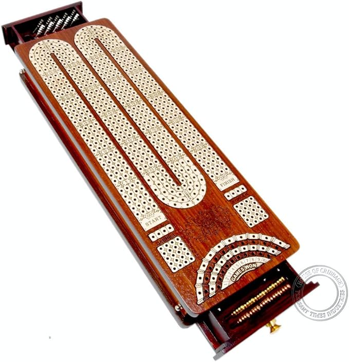 Continuous Cribbage Board Bloodwood/Maple and Side Pull Drawers - 4 Tracks with Place to Mark Won Games - House of Cribbage