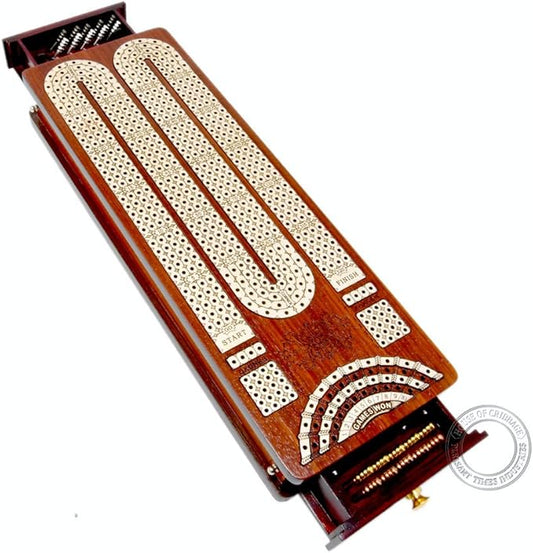 Continuous Cribbage Board Bloodwood/Maple and Side Pull Drawers - 4 Tracks with Place to Mark Won Games - House of Cribbage