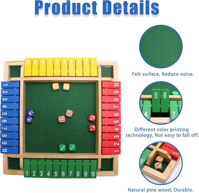 Shut The Box Dice Game-12 in Colorful Design 1-4 Players-10 Dice-Gift Package, Wooden Board Table Math Games for Adults Kids, Classics Tabletop Version and Pub Board Game
